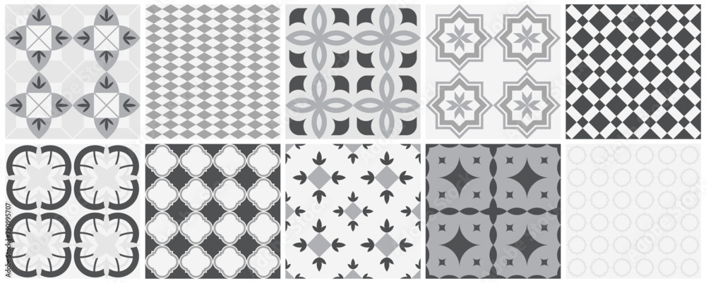 Collection of seamless geometric mosaic patterns - trendy monochrome tile textures. Decorative ornamental black and white backgrounds. Vector repeatable endless prints