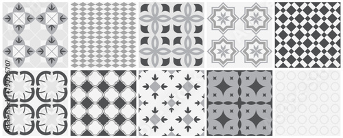 Collection of seamless geometric mosaic patterns - trendy monochrome tile textures. Decorative ornamental black and white backgrounds. Vector repeatable endless prints