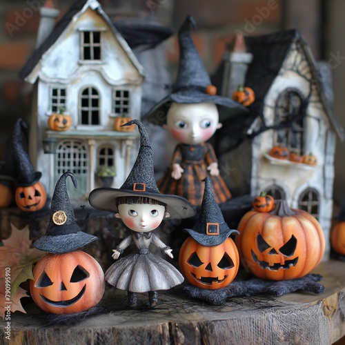 Una imagen de una decoración de Halloween con dos brujitas adorables photo