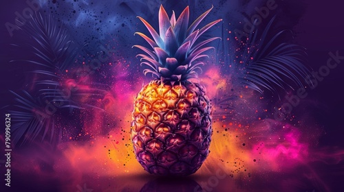 Glowing neon pineapple on dark background with vibrant pink hues and sparkling lights