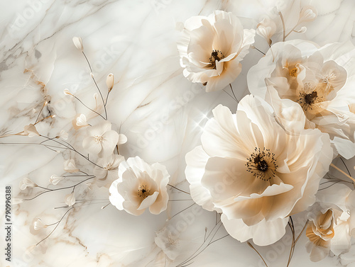 A beautiful painting of a field of flowers with butterflies flying around. The painting is made of white and gold materials, giving it a luxurious and elegant feel