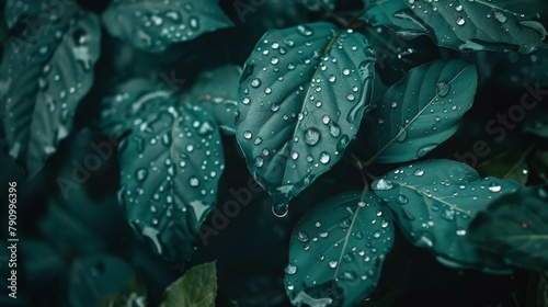 Close-up of raindrops dripping from leaves, highlighting the intricate textures and patterns of nature.