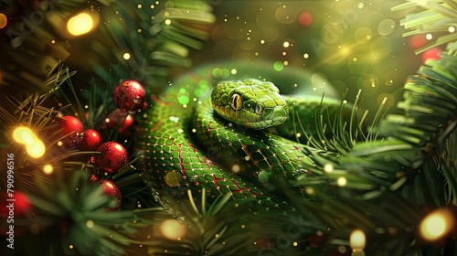 greeting Happy New year card with green snake and Christmas tree © Nastya