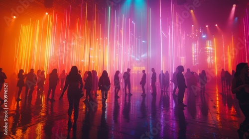 Surreal concert scene with vibrant neon rings and a solitary figure
