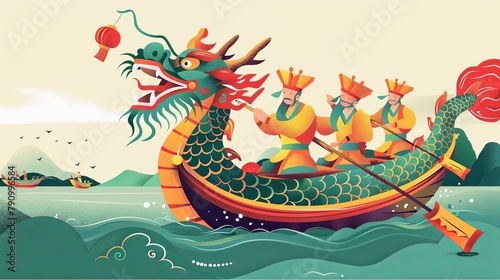 Dragon boat Chinese festival vector illustrations set, competition on dragon boat, national culture, traditions cuisine