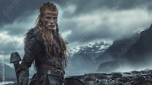 viking woman against the backdrop of rain and mountains © Nastya