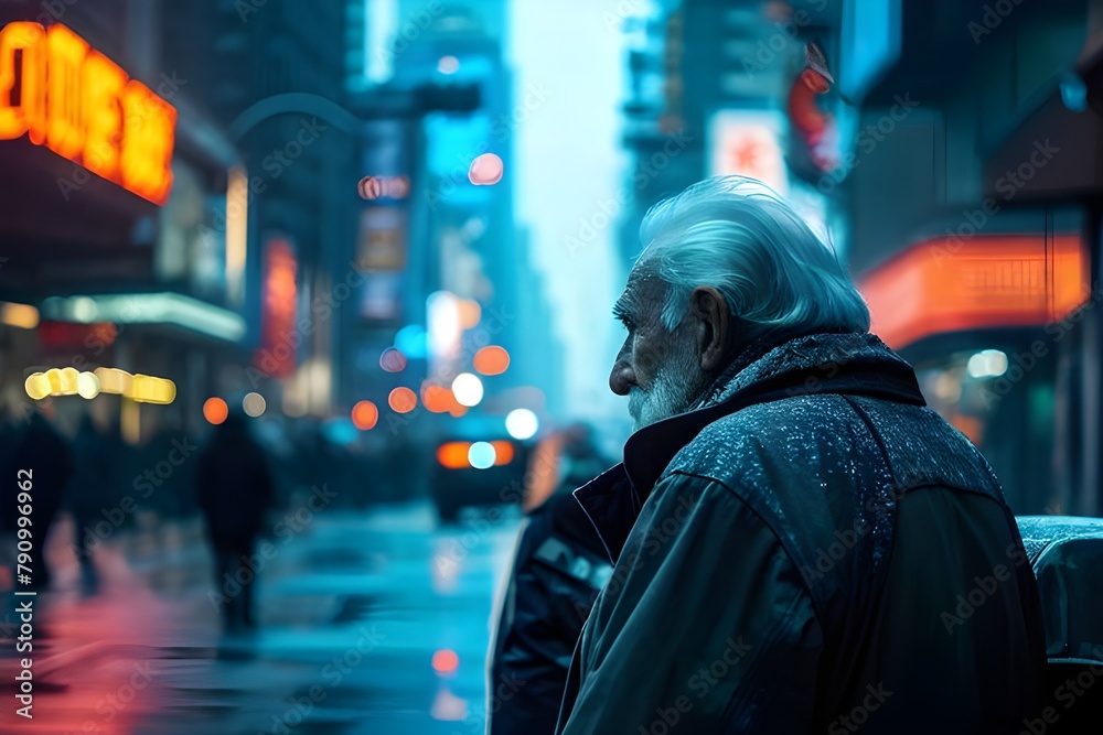 old man walking in city of lights old man walking in city of lights