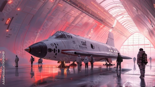 Retro-futuristic spaceship in a hangar with astronauts and glowing lights