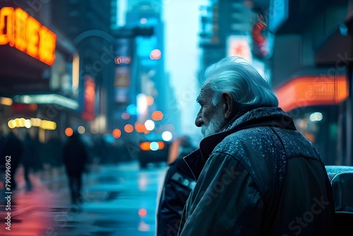 old man walking in city of lights