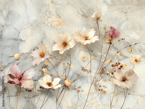 A beautiful painting of a field of flowers with butterflies flying around. The painting is made of white and gold materials, giving it a luxurious and elegant feel