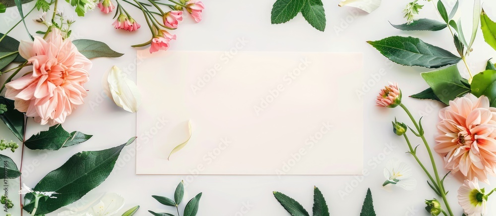 Flowers and leaves arranged artistically with a paper card note, presented in a flat lay to convey a nature-inspired theme.