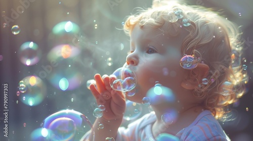Cute toddler blowing bubbles and making a playful mess, their innocent mischief captured in a joyful moment. photo
