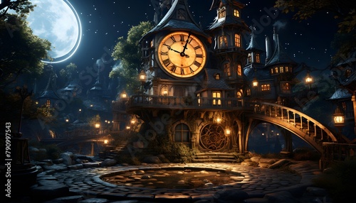Fantasy landscape with a clock tower and a bridge in the moonlight