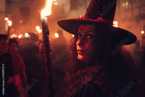 Walpurgis Night bonfire. A gathering of witches near the campfire. photo