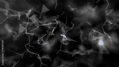 White abstract network connections, neural networks. Dots connected by lines move chaotically on a black background. Chemical formula, futuristic mesh. black and white cyber network. photo