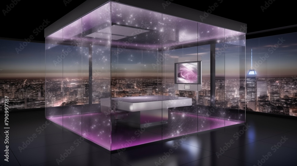 For virtual background: Futuristic Workspace - Neon Cityscape View