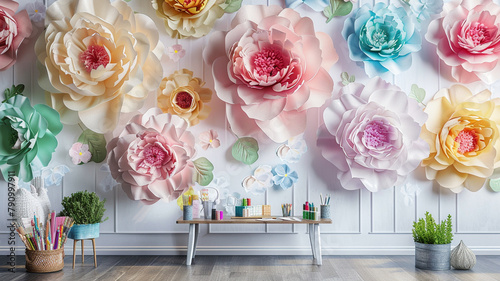 A craft and hobby room brought to life by walls decorated with 3D peony wallpaper  photo