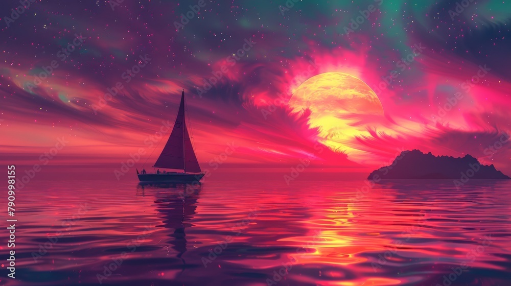 Serene sunset sailing: a sailboat glides on calm waters under a vibrant sky
