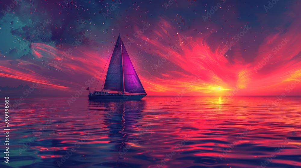 Serene sunset sailing: a sailboat glides on calm waters under a vibrant sky