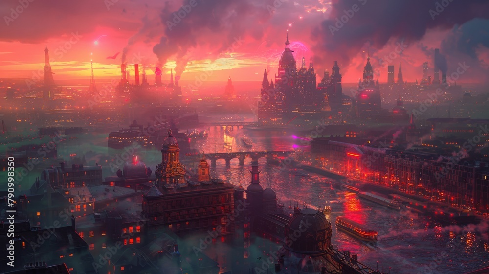 Futuristic steampunk cityscape glowing in vivid colors under a twilight sky