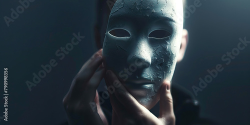 Identity Crisis: The Mask and True Self - Visualize someone holding a mask, representing an identity crisis between the mask and their true self