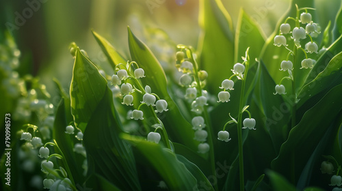 Lily of the valley, Convallaria majalis rosea, close up bell-shaped flowers in garden in spring, generative AI