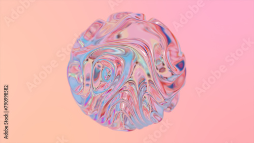 Animated Soft Pink orange holographic synthetic liquid curved ball on a dark background. 3D abstract hypnotic rainbow. Glass, transparent, water ball, laser wavy sphere blue color isolated.