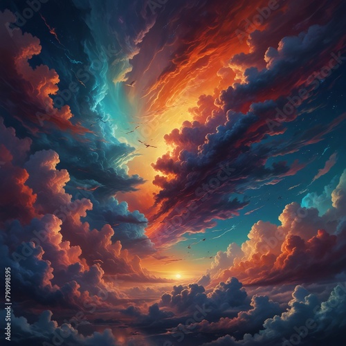 a painting of clouds and the sun with the colors of the sky