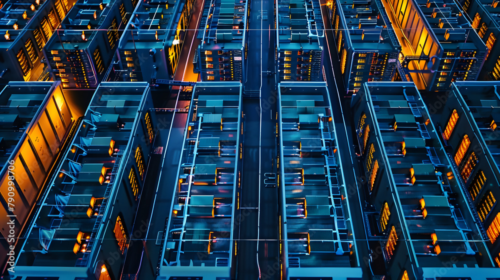 An aerial view of a data center, with rows of servers dedicated to cloud computing services