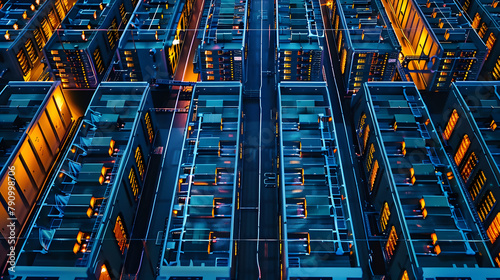 An aerial view of a data center, with rows of servers dedicated to cloud computing services © Prasanth