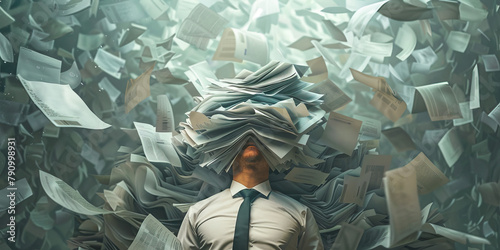 Overwhelm: The Pile of Papers and Burdened Shoulders - Imagine a pile of papers on burdened shoulders, illustrating feelings of overwhelm photo