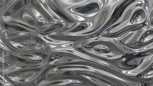 Liquid iron. Metallic silver texture moves smoothly. Abstract wavy 3d gray shiny background. Slow motion luxury glossy gradient..