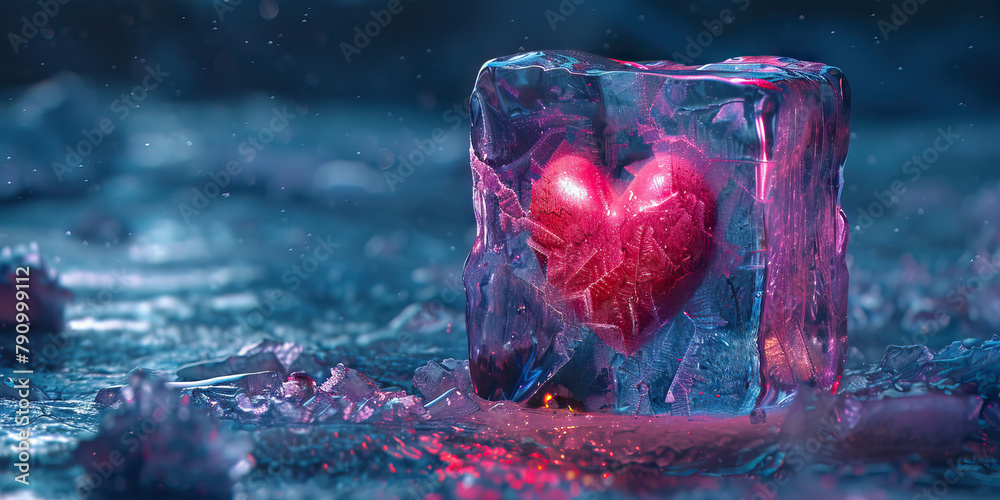 Numbness: The Ice Block and Frozen Heart - Visualize an ice block with a frozen heart inside, illustrating emotional numbness and detachment - obrazy, fototapety, plakaty 