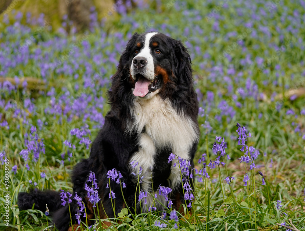 Bernese Mountain Dog sitting in the bluebell woods 