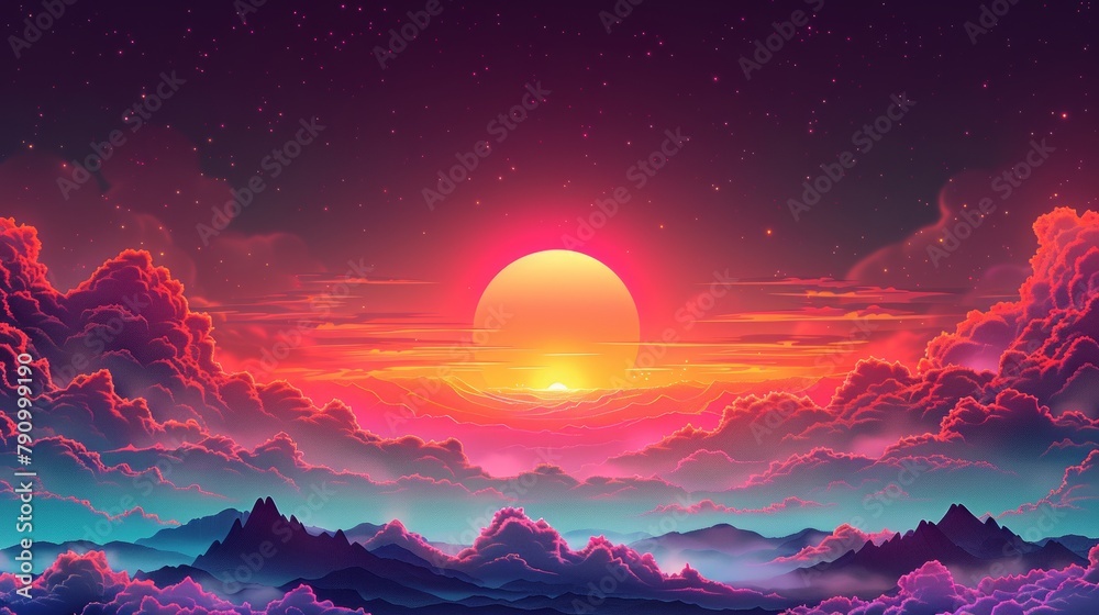 Stunning sunrise over a vibrant landscape of fluffy clouds and mountains