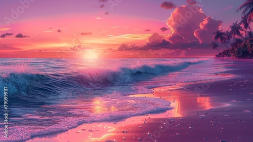Stunning sunset at a tropical beach with vibrant pink and purple hues © Yusif