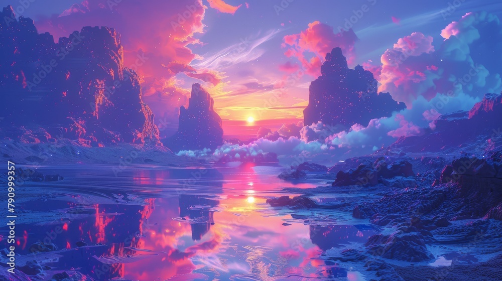 Surreal dreamscape with radiant pink and blue clouds at sunset
