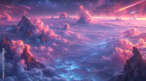 Surreal dreamscape with radiant pink and blue clouds at sunset photo