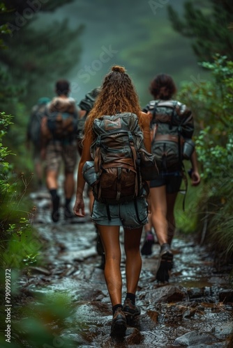 Group of people walking through forest