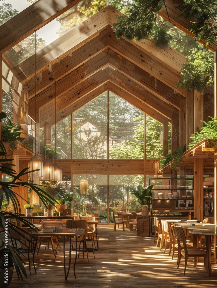 Fototapeta premium A restaurant with wooden floors and a lot of plants