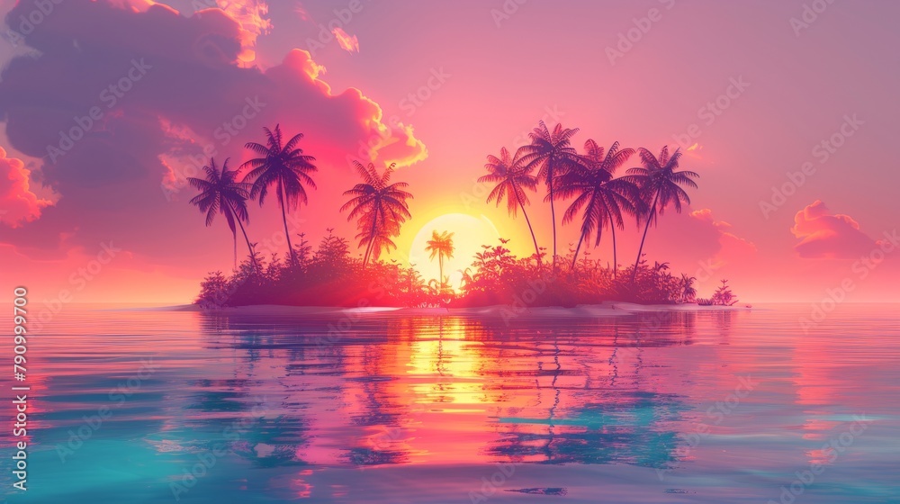 Serene tropical island at sunset with vibrant pink and purple skies