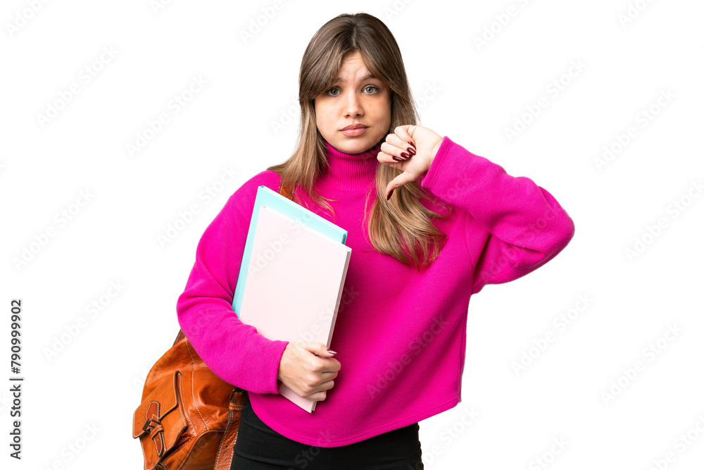 Young student girl over isolated chroma key background showing thumb down with negative expression Young student girl over isolated chroma key background showing thumb down with negative expression
