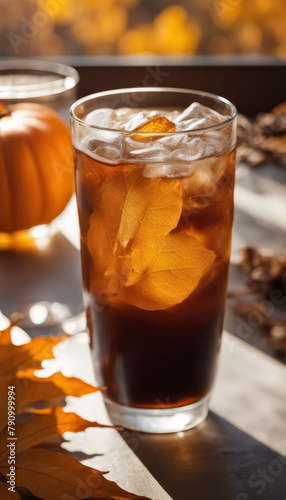 Ice Drink with Leaves against Pumpkin Background