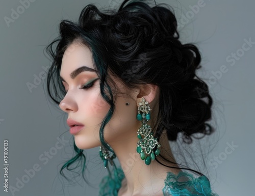 Elegant Woman with Green Eye Makeup and Exquisite Earrings photo