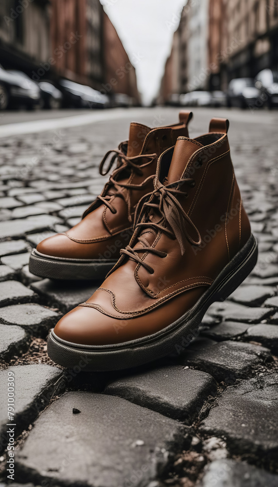 Brown Leather Men's Boots on Cobblestone Street