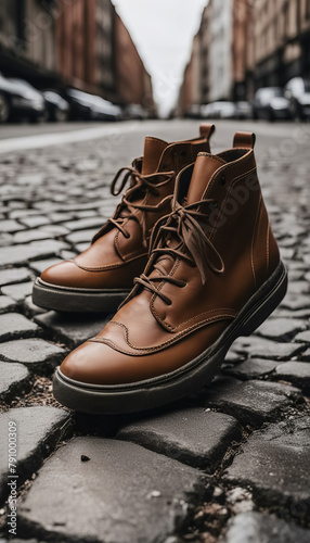 Brown Leather Men's Boots on Cobblestone Street