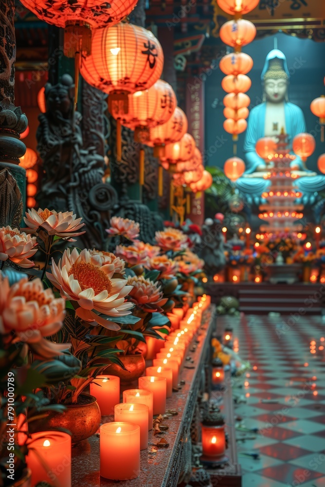 Room filled with lit candles next to buddha statue