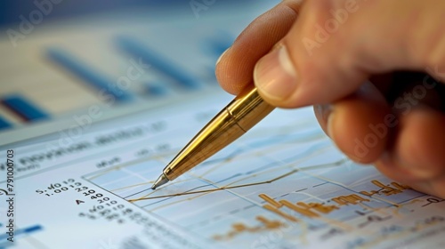 Hand holding a pen pointing to a specific data point on a gold price line graph during a meeting. photo