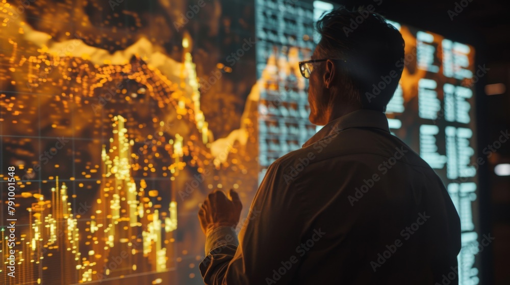 Investor analyzing a 3D rendered visualization of gold price movements projected on a screen. Investor analyzing a 3D rendered visualization of gold price movements projected on a screen.