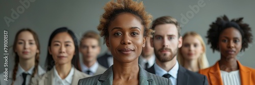 A successful black businesswoman leads a stylish and professional team in a modern office environment.